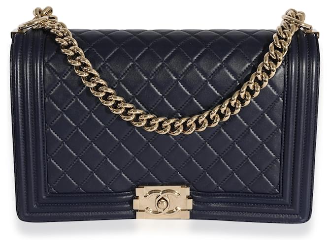 Chanel Navy Quilted Lambskin Large Boy Bag  Blue Leather  ref.617491