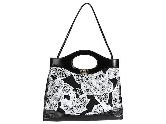 Chanel Black & White Floral Canvas And Calfskin Large 31 Bag Leather