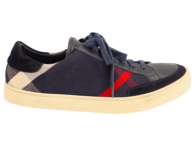 Burberry Men's Check Low Top Sneakers in Navy Blue Leather  ref.617528