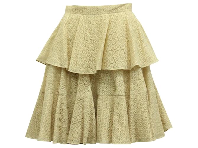 Alexander McQueen Ruffled Lace Tiered Skirt in Cream Cotton White  ref.617534