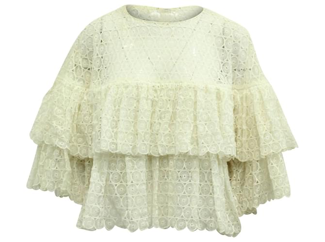Chloé Ruffled Crocheted Lace Top in White Cotton  ref.617540