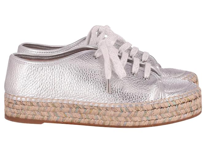 Sophia Webster Metallic Espadrille Lace-Up Shoes in Silver Leather Silvery  ref.617558
