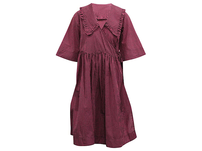 Ganni Check Print A-line Dress in Pink Cotton  ref.617560