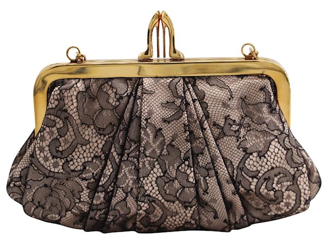Christian Louboutin Lace Clutch with Gold Chain Strap in Nude and Black Satin Flesh  ref.617593