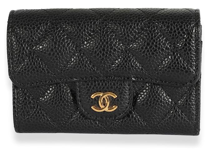 Portefeuille porte-cartes à rabat en caviar matelassé noir Chanel Cuir  ref.617619