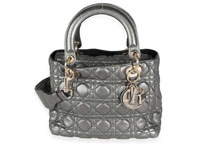 Bolsa feminina média Dior prata metálica flexível Cannage couro Cinza  ref.617631