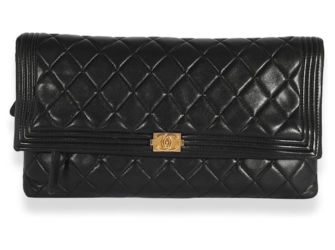 Chanel Black Quilted Lambskin Boy Fold-over Clutch   ref.617667