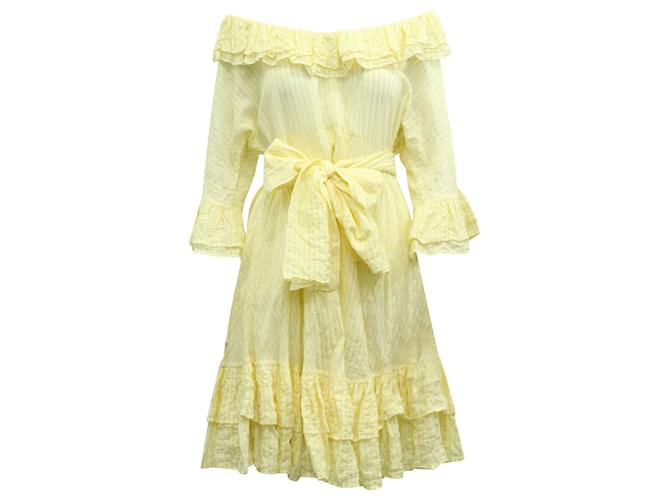 Lisa Marie Fernandez Striped Off Shoulder Midi Dress in Yellow Cotton  ref.617674