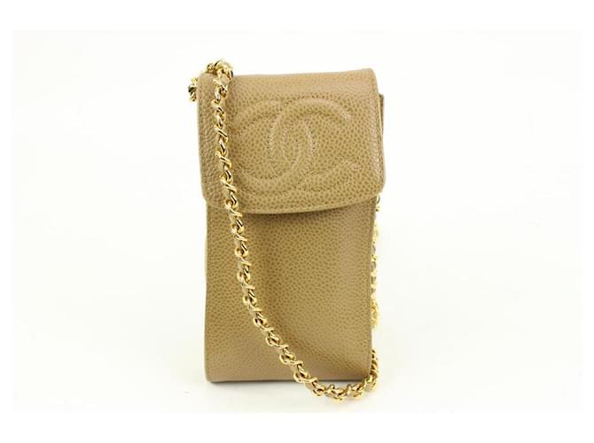Chanel Bolsa de bolso móvel marrom claro bege caviar CC mini crossbody Couro  ref.617680