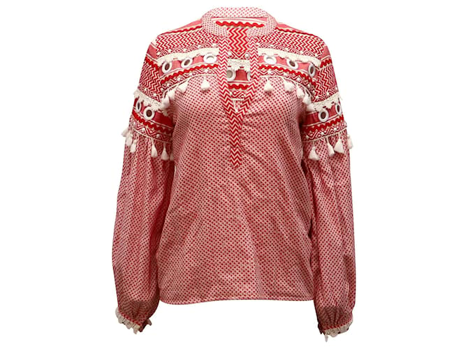 Autre Marque Dodo Bar Or Tassel Embellished Peasant Top in Red Cotton  ref.617720