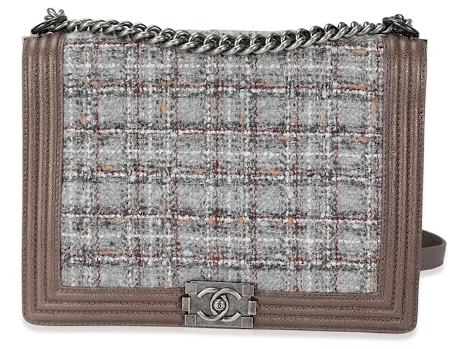Chanel Taupe Caviar And Multicolor Tweed Large Boy Bag   ref.617729