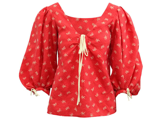 Rosie Assoulin Floral Tie Neck Blouse in Red Polyester  ref.617736