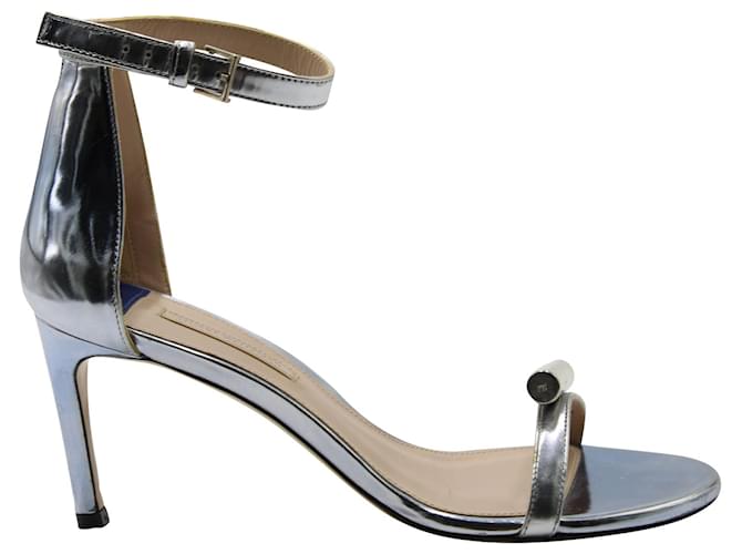 Stuart Weitzman Ankle Strap Open Toe High Heel Sandals in Silver Leather  Silvery Metallic  ref.617783