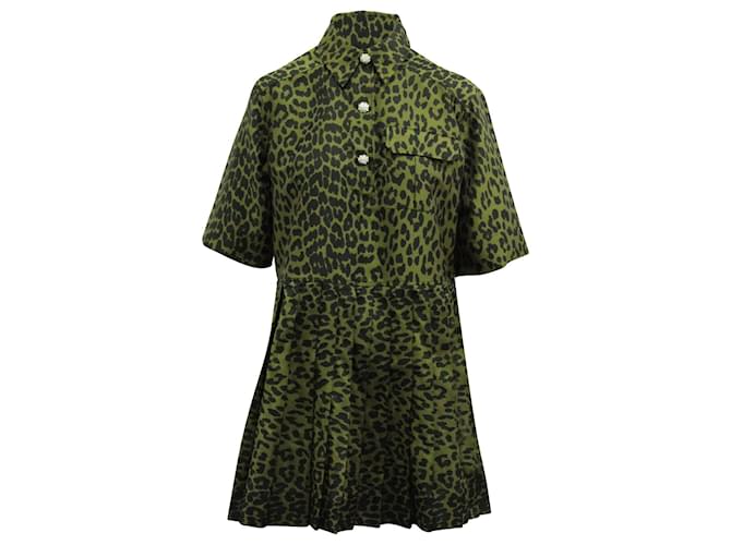 Ganni Crispy Jacquard-Kleid mit Knopfleiste vorne aus grünem Polyester Olivgrün  ref.617807