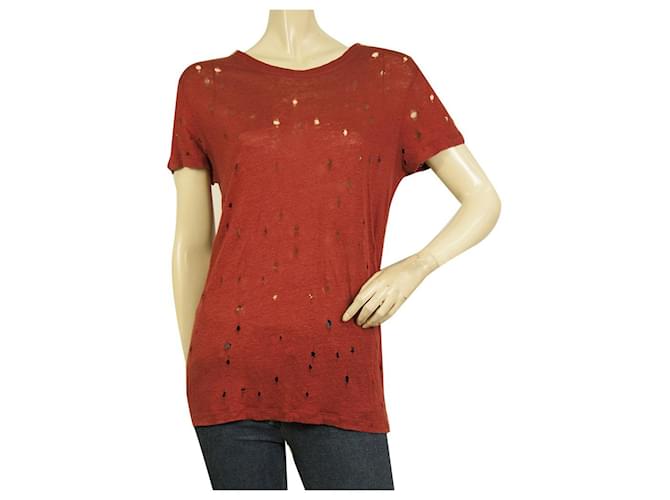 IRO Clay Red Linen Short Sleeve T-shirt Top with Holes size XS Dark red  ref.618932