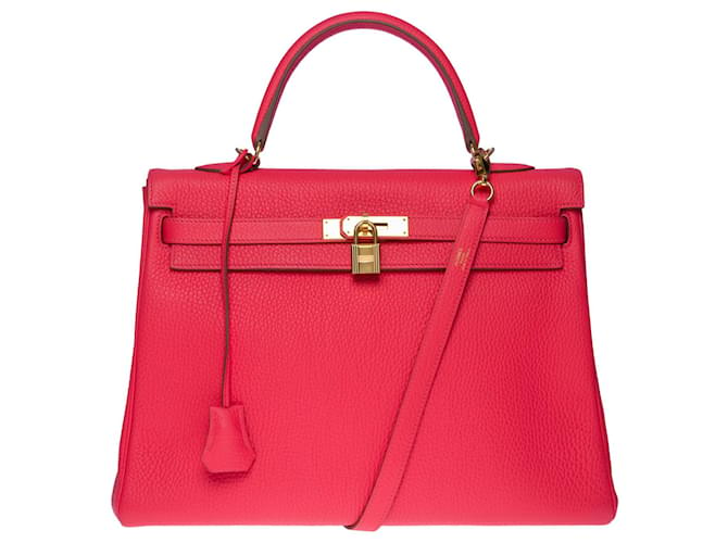 Bolsa excepcional Hermès Kelly 35 alça de ombro reversa de couro Togo Batom rosa , guarnição de metal banhado a ouro  ref.618956