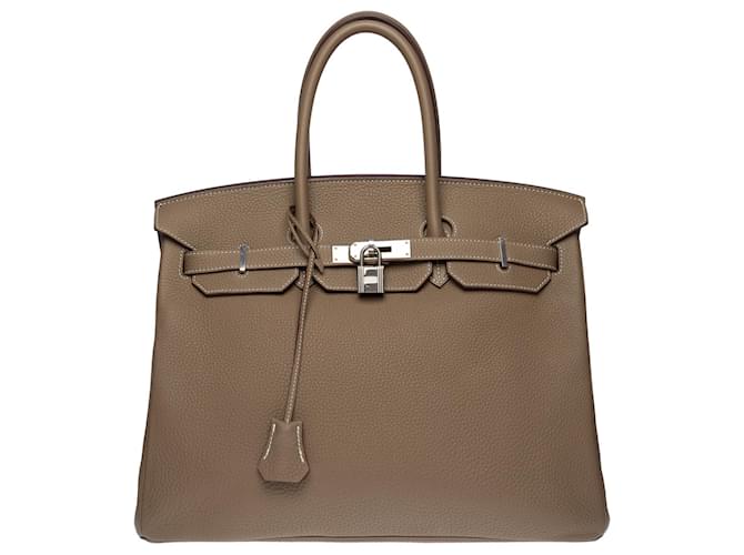 Hermès Stunning Hermes Birkin handbag 35 cm in etoupe Togo leather with white stitching , palladium silver metal trim Grey  ref.619057