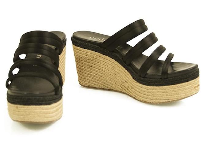 Pedro Garcia Black Straps Espadrille Wedges Heels Sandals Shoes size 37 Satin  ref.619456