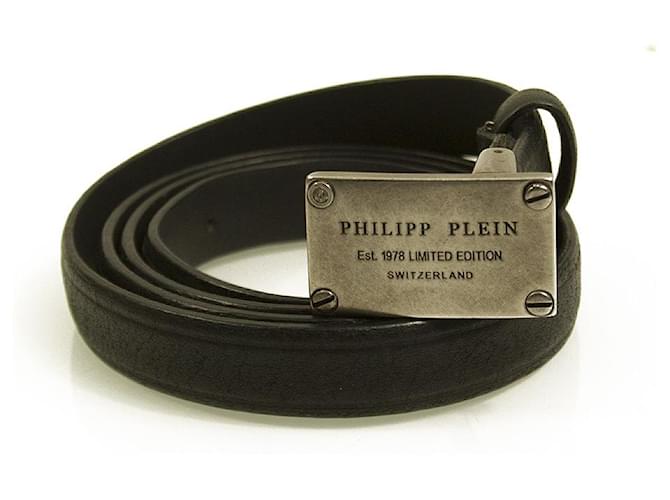 Philipp Plein Woman's Black Silver tone Buckle Thin Skinny Leather Belt size 80  ref.619477