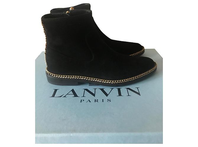Lanvin Black Suede Ankle Boots with Gold Chain Size 37