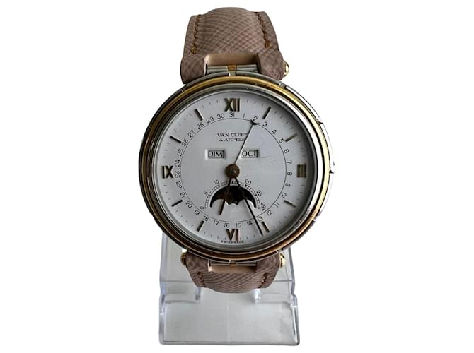 Signed Van Cleef & Arpels Vintage Men's Watch 35MM La Collection MOONPHASE / 35001 18K Yellow Gold / Stainless Steel Vintage Beige 