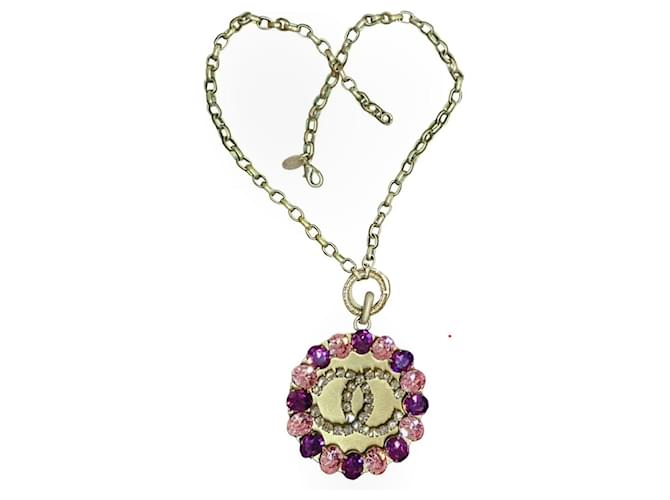 Chanel vintage collector CC necklace Silvery Purple Dark purple Steel Metal  ref.619996