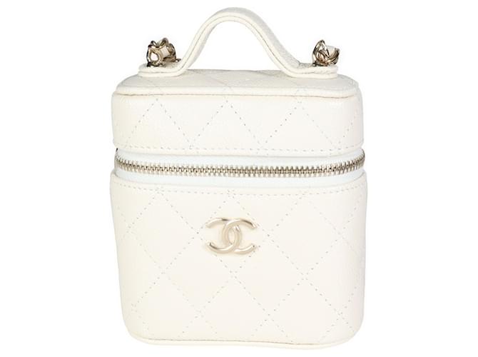 Vanity Mini beauty case Chanel trapuntato in caviale color crema Bianco Pelle  ref.620155
