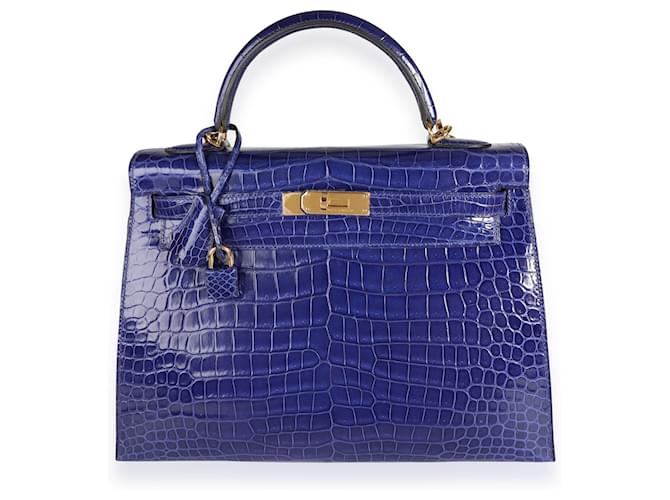 Hermès Hermes Bleu Electrique Shiny Porosus Cocodrilo Sellier Kelly 32 GHW Azul Cuero  ref.620156