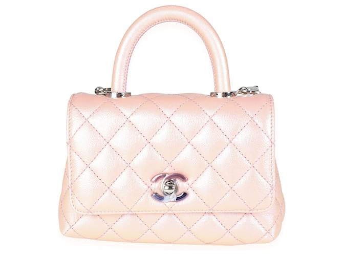 Chanel Iridescent Pink Quilted Caviar Coco Top Handle Extra Mini Flap Bag  Leather  ref.620173