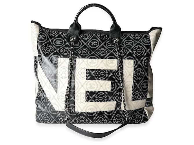 Chanel Black And Beige Coated Canvas And Leather Camellia & Cc Print Shopper Tot  Cloth  ref.620193