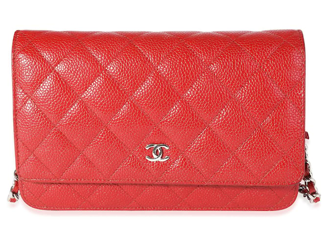 Chanel Red Quilted Caviar Wallet On Chain Rot Leder  ref.620201