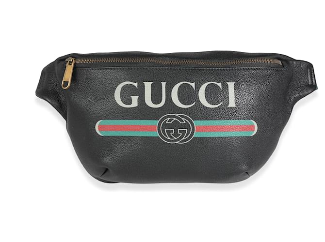 Gucci Web-Gürteltasche aus schwarzem, genarbtem Kalbsleder mit Logo-Print  ref.620205