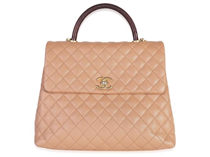 Chanel Beige Quilted Caviar & Burgundy Lizard Large Coco Handle Flap Bag  Flesh  ref.620275