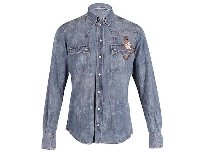 Dolce & Gabbana Clock Embroidered Long Sleeve Button Front Shirt in Blue Cotton Denim   ref.620310