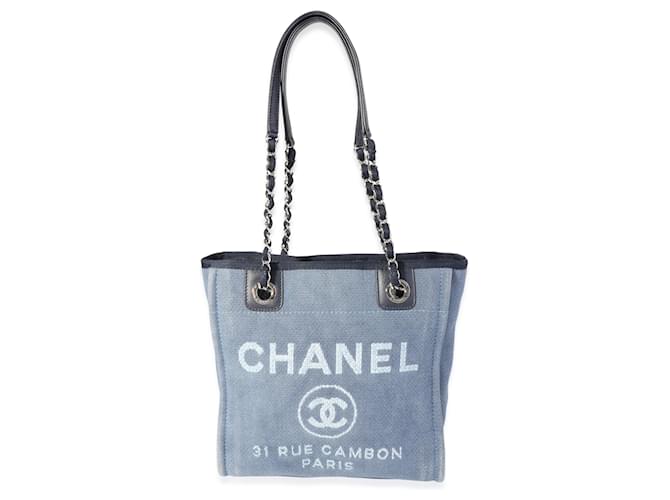 Mini bolso tote Deauville de lona y piel de becerro azul de Chanel  ref.620375