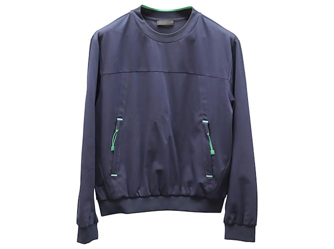 Prada Sweater with Zipped Pockets and Neon Green Accents in Navy Blue Polyester   ref.620399
