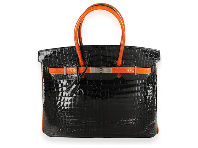 Hermès Hermes Limited Edition Schwarz & Orange Shiny Porosus Crocodile Birkin 35 PHW Leder  ref.620404