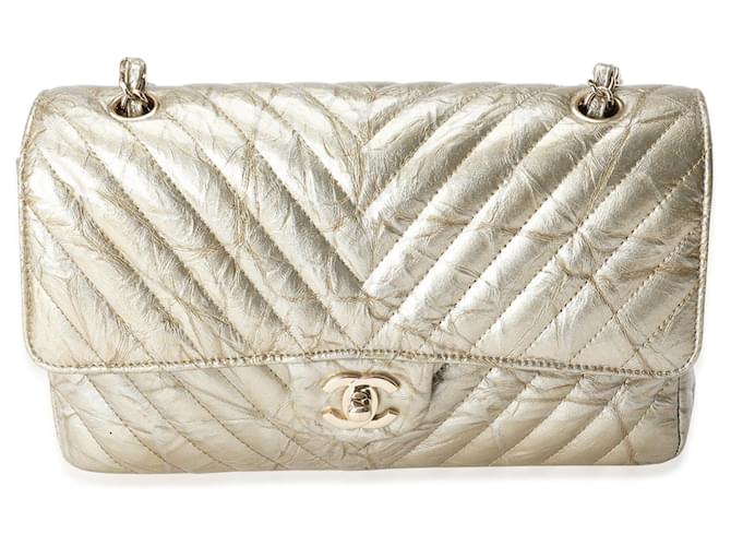 Chanel Gold Chevron Quilted Patent Leather Medium Classic Double Flap Bag  Golden  ref.620414