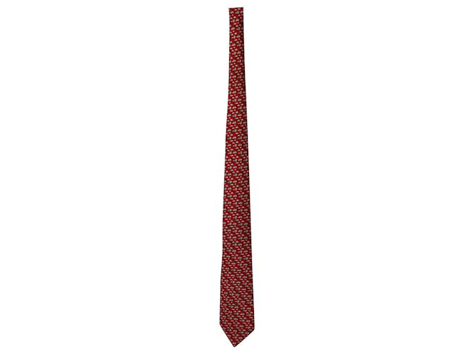 Hermès Bird Express bedruckte Krawatte aus roter Seide  ref.620436