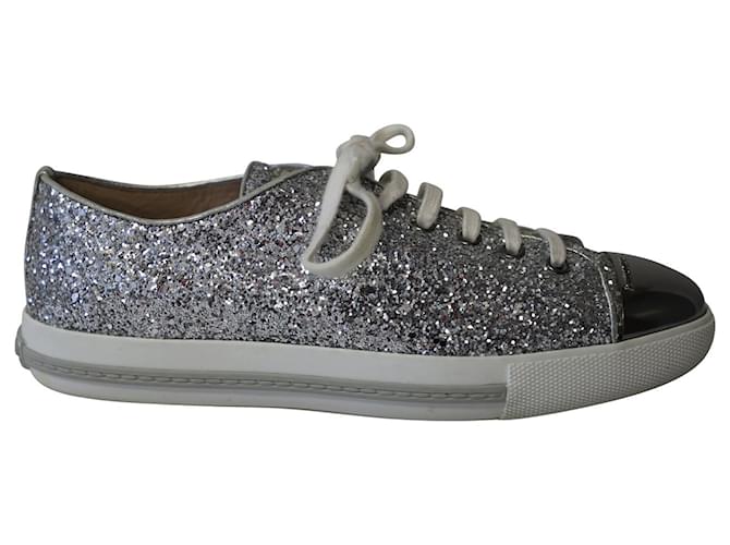 Miu Miu Glitter Sneakers in Metallic Silver Leather Silvery  ref.620481