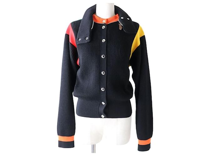 LV Louis Vuitton 2020 chaqueta de punto de mezcla de seda con cuello alto y broche de presión con logo negro x multicolor señora M hecho en Italia Lana Elastano Poliamida  ref.621360