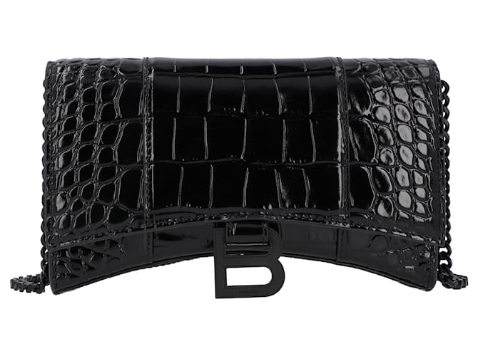 Balenciaga Women Hourglass wallet on chain in black crocodile