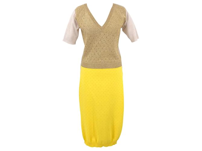 Louis Vuitton dress in gold cream cashmere with yellow skirt Wool  ref.621426