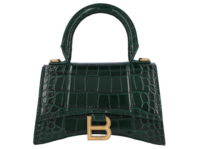 Balenciaga Women Hourglass XS in green crocodile embossed leather Pony-style calfskin  ref.621443