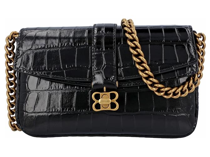 Balenciaga Women Lady Small Flap Bag in black crocodile embossed calfskin Leather Pony-style calfskin  ref.621488