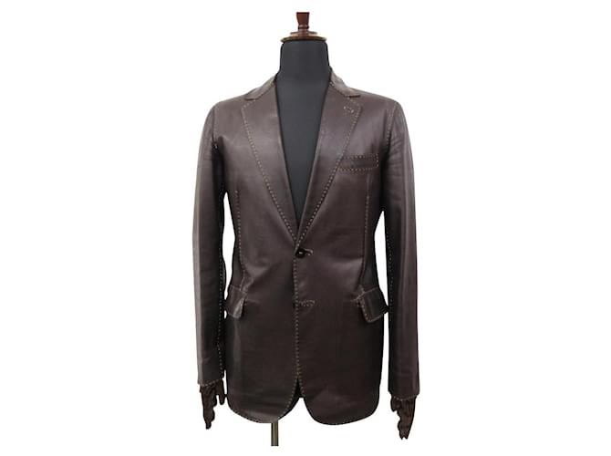 [Fendi] Super luxury leather jacket Stitch decoration design 2 buttons (men’s) Size 48 Dark brown  ref.621564