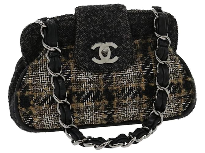 CHANEL Turn Lock Chain Umhängetasche Wool Grey CC Auth 30734BEIM Braun Wolle  ref.622450