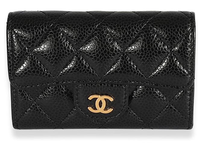 Portefeuille porte-cartes à rabat en caviar matelassé noir Chanel Cuir  ref.622604