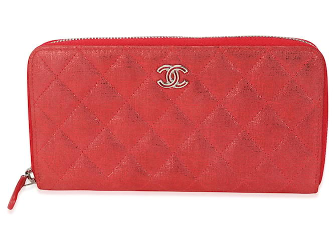 Chanel Metallic Red Nubuck Quilted L-gusset Zip-around Wallet   ref.622636
