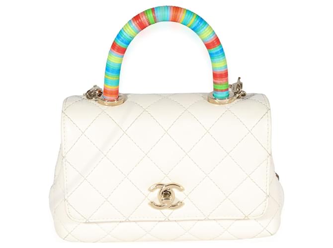 Chanel White Quilted Goatskin Extra Mini Rainbow Coco Top Handle Flap Bag   ref.622648